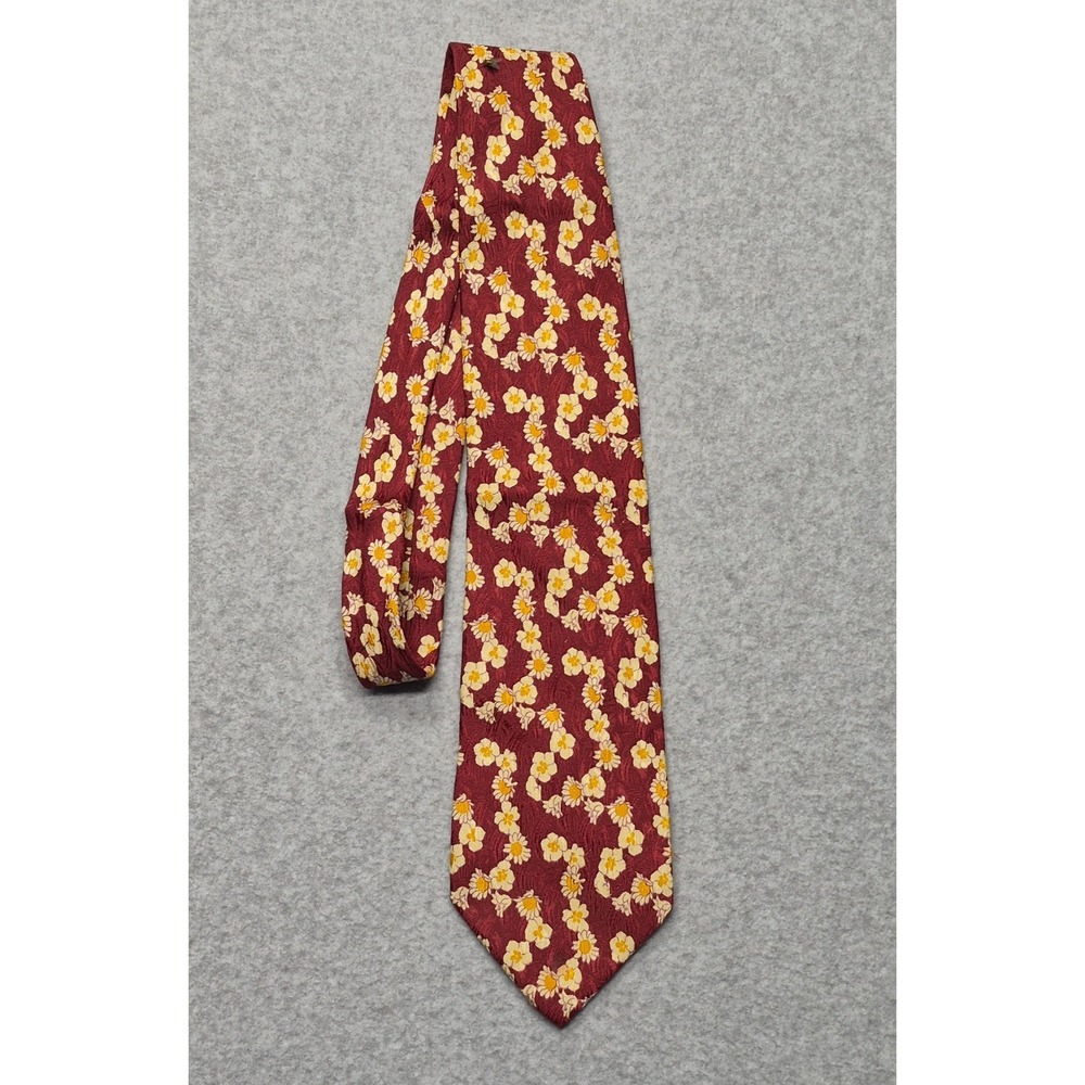 Ermenegildo Zegna Tie Mens Red Gold Daisy Floral 100% Silk Classic Italy Cottage